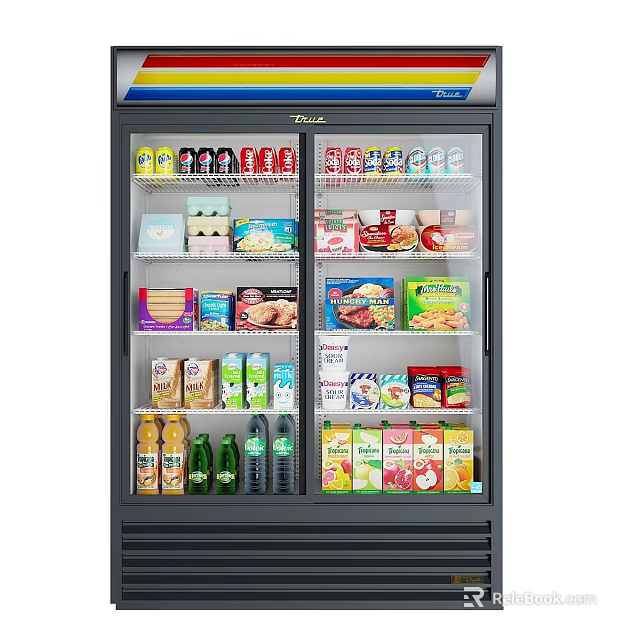 Commercial Double Door Refrigerator With Interior Lighting Displaying Various Food Items 3d model 