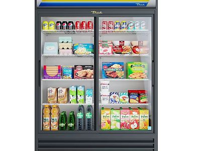 Commercial Double Door Refrigerator With Interior Lighting Displaying Various Food Items 3d model