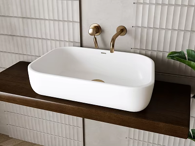 White Rectangular Washbasin On Dark Wooden Countertop With Gold Faucets And Green Plant 3d model