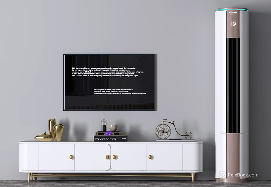 Modern White TV Stand With TV Golden Ornaments And Tower Appliance 3d model 