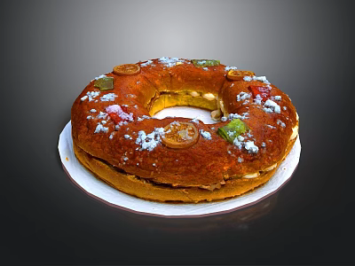 Delicious Ring Shaped Cake Topped With Powdered Sugar And Colorful Fruit Slices On White Plate 3d model