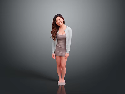 Smiling Woman With Long Hair In Gray Dress And Light Gray Cardigan Against Gray Background 3d model