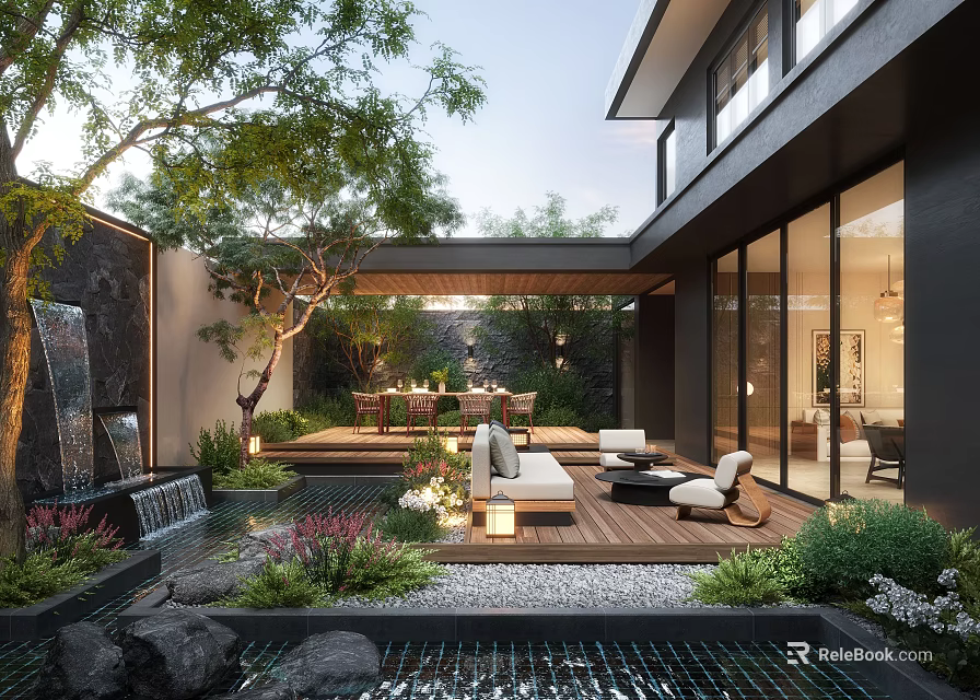 Modern Courtyard Garden With Waterfall Seating Area Wooden Deck And Lush Greenery 3d model 