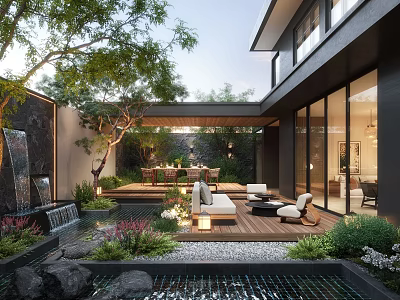 Modern Courtyard Garden With Waterfall Seating Area Wooden Deck And Lush Greenery 3d model