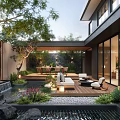 Modern Courtyard Garden With Waterfall Seating Area Wooden Deck And Lush Greenery