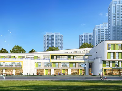 Modern School Building Exterior With Green Lawn And Cityscape 3d model