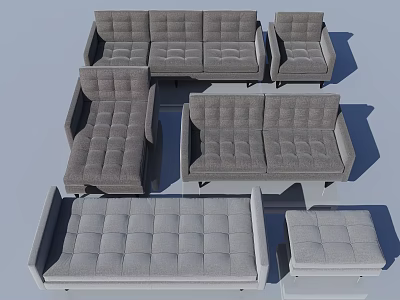 Modern Gray Tufted Sofa Set with Sectional Loveseat Armchair and Ottoman 3d model