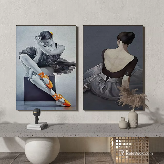 Elegant Ballerina Portrait Paintings Featuring Seated Figure Orange Pointe Shoes And Back View 3d model 