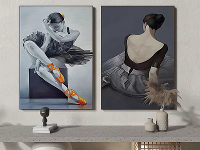 Elegant Ballerina Portrait Paintings Featuring Seated Figure Orange Pointe Shoes And Back View 3d model