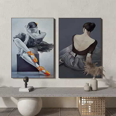 Elegant Ballerina Portrait Paintings Featuring Seated Figure Orange Pointe Shoes And Back View 3d model