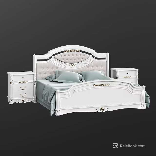 White Double Bed With Ornate Carved Headboard Upholstered Design And Light Blue Bedding Nightstands 3d model 