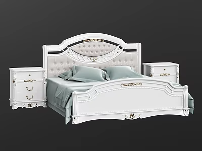 White Double Bed With Ornate Carved Headboard Upholstered Design And Light Blue Bedding Nightstands 3d model