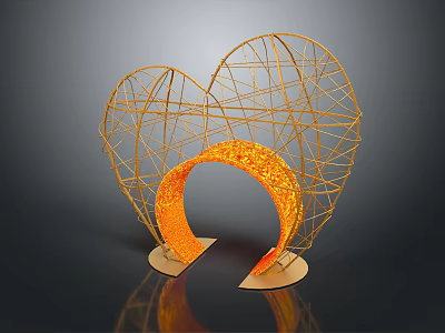 Modern Artistic Decorative Ornament Set with Heart Shaped Wire Frame and Orange Curved Base 3d model
