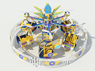 Colorful Rotating Amusement Ride For Kids With Yellow Cabins Blue Spire And White Railings 3d model