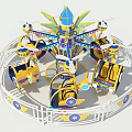 Colorful Rotating Amusement Ride For Kids With Yellow Cabins Blue Spire And White Railings
