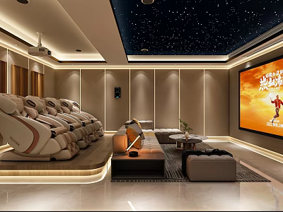 Modern Home Theater Room With Starry Ceiling Recliner Seats And Large Projection Screen 3d model