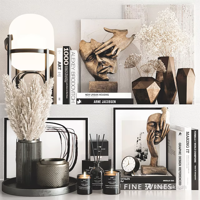 Modern Decorative Ornaments Set With Sculpture Vase Books Lamp And Geometric Decor 3d model 