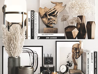 Modern Decorative Ornaments Set With Sculpture Vase Books Lamp And Geometric Decor 3d model