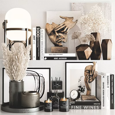 Modern Decorative Ornaments Set With Sculpture Vase Books Lamp And Geometric Decor 3d model