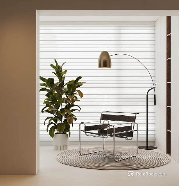 Modern Single Chair With Metal Frame Arched Floor Lamp Large Green Plant And Window Blinds 3d model 