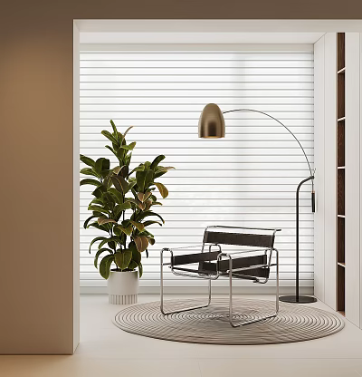 Modern Single Chair With Metal Frame Arched Floor Lamp Large Green Plant And Window Blinds 3d model
