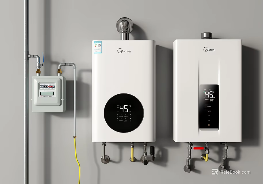 Midea Two White Wall Mounted Water Heaters For Home With Meters And Pipes 3d model 