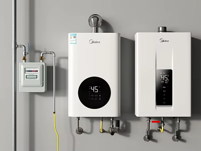 Midea Two White Wall Mounted Water Heaters For Home With Meters And Pipes 3d model