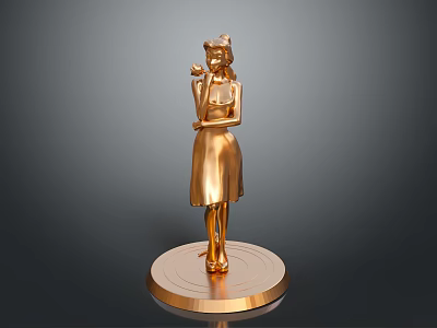 Golden Female Statue Standing On Circular Base With Hand Near Face 3d model