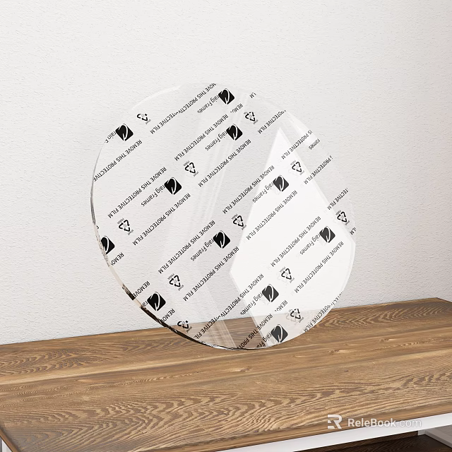 Circular Transparent Dining Table Mat With Black Logos And Text On Wooden Surface 3d model