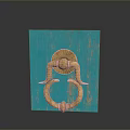 Decorative Gold Door Knocker On Turquoise Textured Background With Shiny Metallic Finish