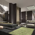 Modern Basement Interior Design With Built in Bookshelves Dining Table And Green Plant