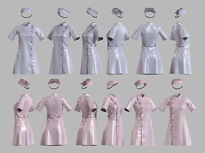 White and Pink Nurse Uniforms in Various Styles Displayed from Different Angles 3d model