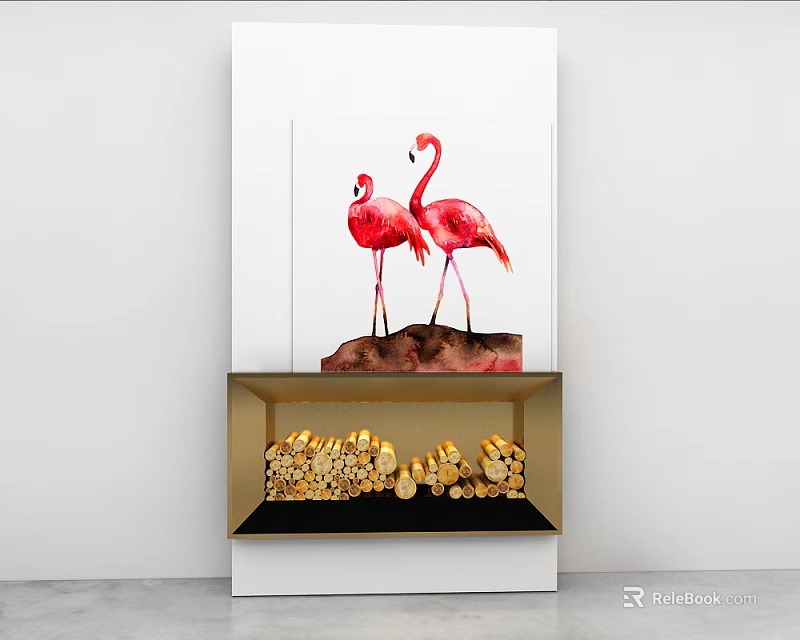 Modern Fireplace Interior Design With Flamingo Painting And Stacked Firewood 3d model 
