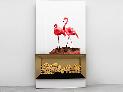 Modern Fireplace Interior Design With Flamingo Painting And Stacked Firewood 3d model
