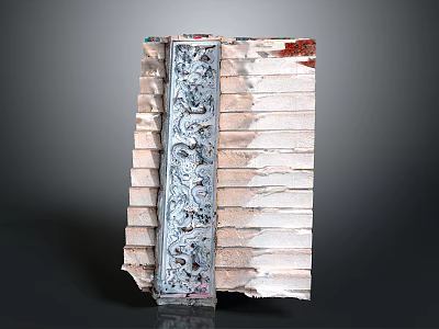 Vintage Stacked Bricks Structure With Decorative Carved Panel And Blue Red Elements 3d model
