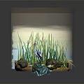 Blue Heron Standing In Pond With Green Reeds And Purple Water Lilies