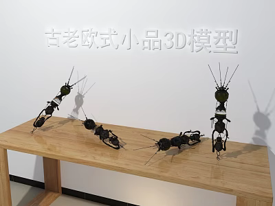 Vintage European Style Ant Shaped Iron Art Decorative Ornament Set On Wooden Table 3d model