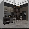 Modern Kitchen Interior With Island Dining Table And Chairs Pendant Lights And Cabinets