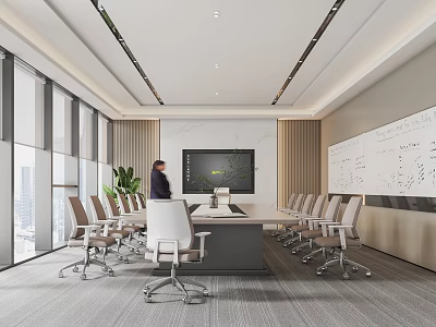 Modern Conference Room Interior With Large Windows Long Table White Chairs Big Screen And Whiteboard 3d model