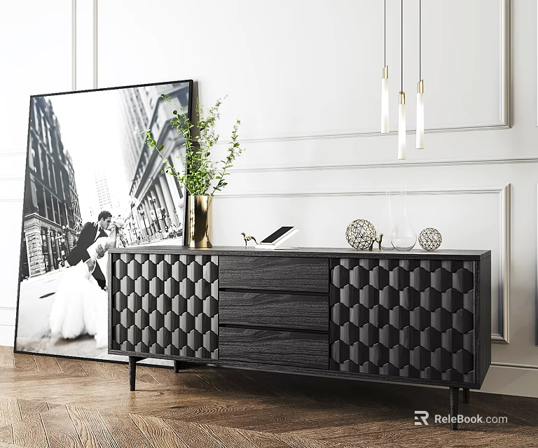 Modern Hexagon Patterned TV Stand With Green Plant Tablet And Decorative Ornaments On White Wall 3d model 