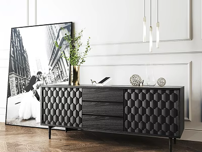 Modern Hexagon Patterned TV Stand With Green Plant Tablet And Decorative Ornaments On White Wall 3d model
