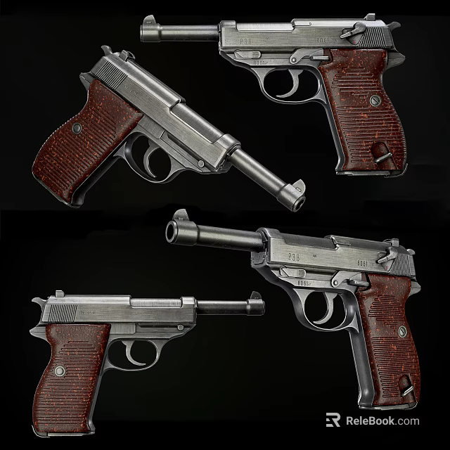 Classic Vintage Pistols With Wooden Grips And Metal Parts Displayed From Various Angles 3d model 