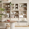 Modern Sideboard Design With Open Shelves Dishes Cups Bottles Clock And Green Plant