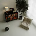 Colorful Patterned Entryway Side Cabinet With Tall Plant And Lamp Near Sofa