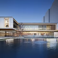Modern Sales Office Building Featuring Glass Curtain Walls And Water Pool Landscape Design 3d model