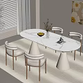 Modern Dining Room With Oval Table Conical Legs Chairs Vase Fruit Bowl And Artwork
