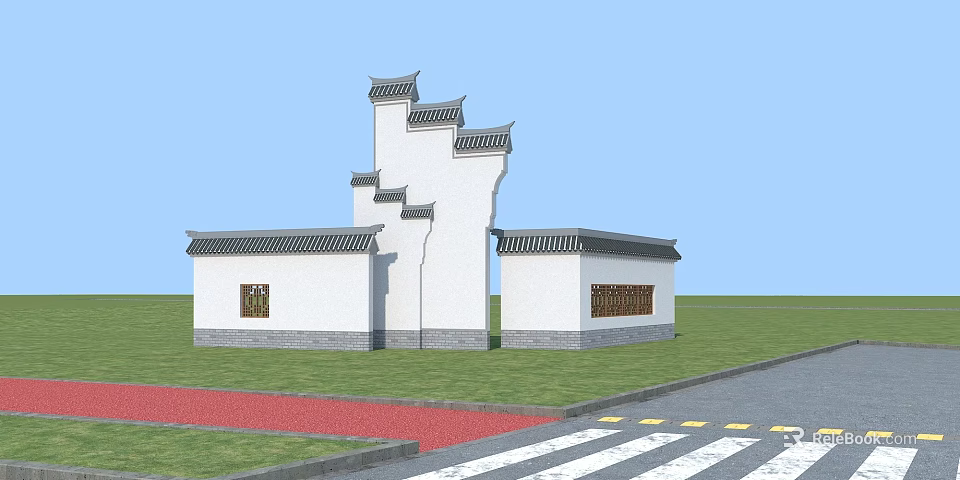 Traditional Chinese Architecture With White Walls Gray Tiles Curved Eaves Green Lawn Red Pathway 3d model 