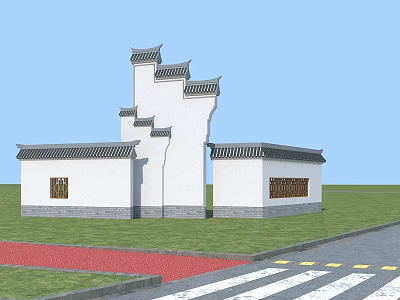 Traditional Chinese Architecture With White Walls Gray Tiles Curved Eaves Green Lawn Red Pathway 3d model