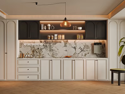Modern Sideboard Cabinet With White Black Finish Marble Backsplash Drawers And Hanging Pendant Light 3d model