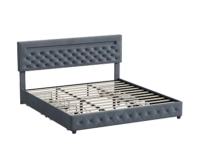 Modern Grey Tufted Double Bed With Upholstered Headboard And Sturdy Frame 3d model